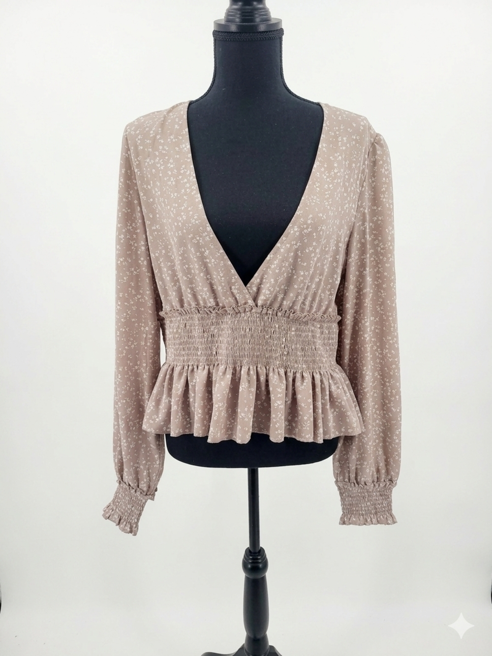 Papaya Taupe Floral Smocked Waist V-Neck Blouse